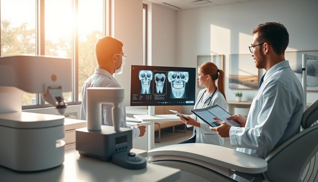 A pristine modern dental clinic, bathed in warm natural light filtering through large windows. In the foreground, an array of sleek, state-of-the-art digital tools - intraoral scanners, 3D printers, and touchscreen displays. The middle ground features a dentist carefully examining x-rays on a high-resolution monitor, while an assistant handles electronic patient records on a tablet. In the background, a tranquil waiting area with comfortable seating and soothing artwork, creating a calming atmosphere for patients. The overall scene conveys the integration of cutting-edge technology seamlessly blended with a patient-centric approach to modern dental practice management.