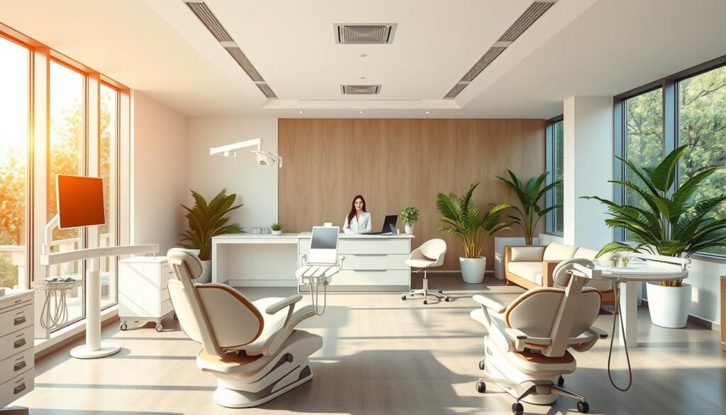A pristine, modern dental clinic interior. Warm, natural lighting filters in through large windows, casting a serene glow on the clean, minimalist decor. Sleek, ergonomic dental chairs occupy the foreground, surrounded by state-of-the-art medical equipment. In the middle ground, a receptionist's desk with a friendly, attentive staff member. The background showcases a tranquil, lush waiting area, with plush seating and verdant potted plants, conveying a sense of comfort and professionalism. The overall atmosphere exudes a perfect balance of clinical efficiency and patient-centric care, reflecting the impactful management of this exceptional dental practice.