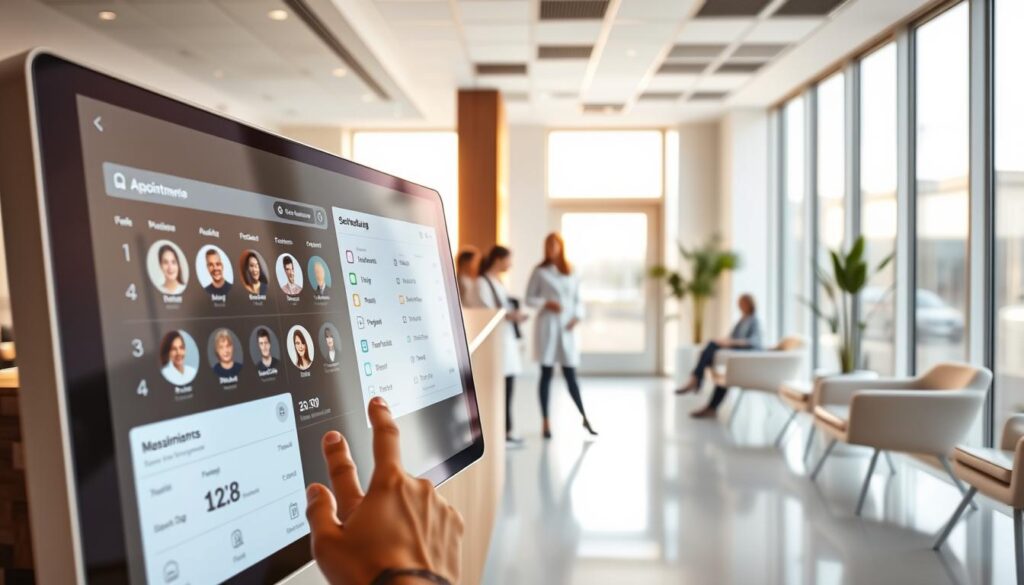 A pristine modern dental clinic reception area, bathed in warm natural lighting from large windows. In the foreground, a touchscreen display shows a sleek, intuitive appointment scheduling interface, with various patient profiles and available time slots. In the middle ground, a patient is being greeted by a friendly receptionist, while other patients sit comfortably in stylish chairs. The background features a minimalist decor with clean lines, plants, and soothing neutral tones, conveying a sense of efficiency and patient-centered care. The overall atmosphere suggests a seamless, technology-driven experience that optimizes clinic operations and patient satisfaction.