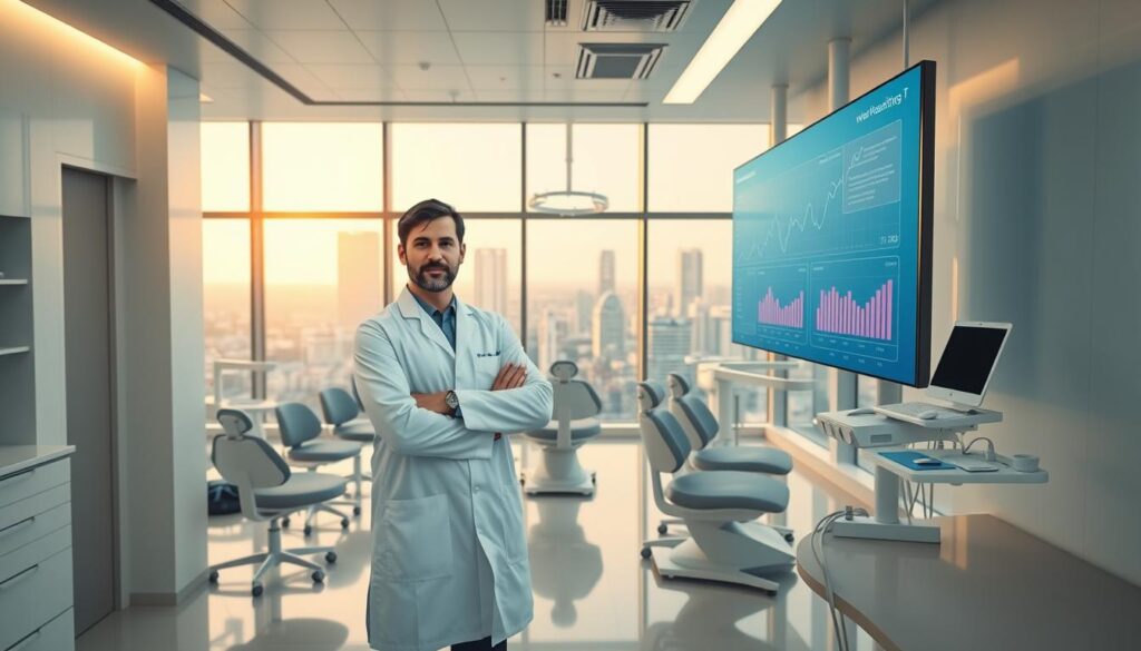 A pristine, modern dental clinic with sleek, minimalist interior design. In the foreground, a dentist in a white lab coat stands proudly, gesturing towards a large digital screen displaying analytics and marketing data. The middle ground features rows of comfortable patient chairs and state-of-the-art dental equipment, conveying a sense of professionalism and advanced technology. The background showcases floor-to-ceiling windows overlooking a vibrant cityscape, bathed in warm, natural lighting that creates a welcoming, inviting atmosphere. The overall scene emphasizes the importance of digital marketing in elevating the dentist's practice, showcasing their expertise and attracting a discerning patient base.