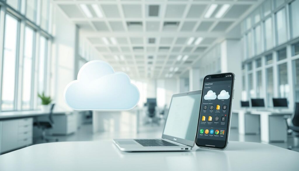 A pristine, modern office environment with a prominent cloud storage icon and document folders floating in the foreground. Soft natural lighting filters through large windows, casting a calm, professional atmosphere. In the middle ground, a laptop and smartphone display cloud storage applications, while the background features efficient, minimalist workstations. The overall scene conveys the centralization and streamlining of document management for a clinical setting, emphasizing the convenience and organization of cloud-based solutions.