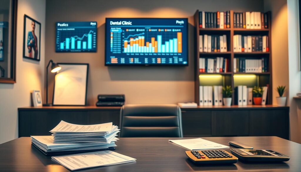 A professional accountant's office, with a sleek, modern aesthetic. In the foreground, a neatly organized desk displays a laptop, a pile of financial documents, and a calculator. The middle ground features a wall-mounted display showing financial charts and graphs, providing a visual overview of the clinic's financial performance. The background showcases a bookshelf filled with accounting and business management books, conveying a sense of expertise and attention to detail. The lighting is warm and inviting, creating a productive and efficient atmosphere. The overall composition reflects the importance of financial control and strategic management in the successful operation of a dental clinic.