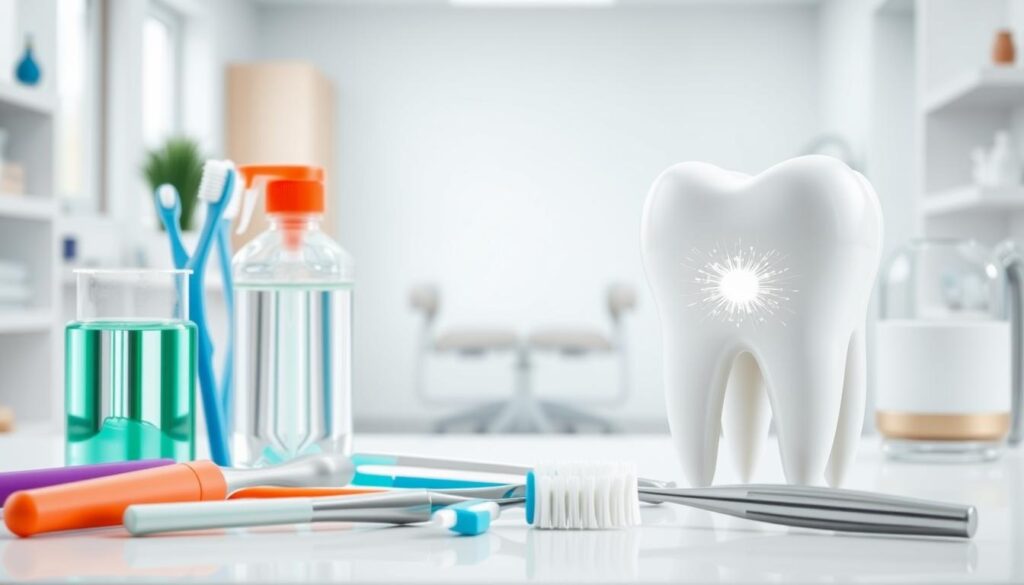 A professional and educational dental health content illustration. The foreground shows a variety of dental hygiene tools and products, such as toothbrushes, toothpaste, dental floss, and mouthwash, arranged neatly on a clean, white background. The middle ground features an enlarged, detailed close-up of a healthy, sparkling tooth, emphasizing the importance of proper oral care. The background depicts a serene, calming environment, perhaps a dental office or clinic, with soothing natural light filtering through. The overall mood is one of informative clarity, promoting dental health awareness and education through visually appealing, high-quality imagery.