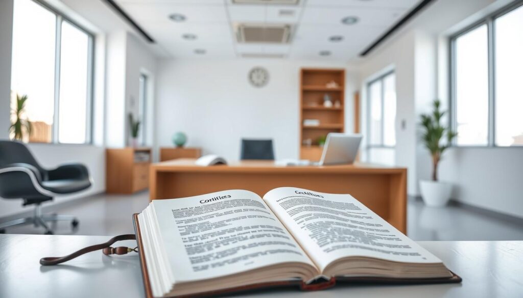 A professional and modern dental office interior with a clean, minimalist aesthetic. In the foreground, a carefully arranged display showcases a leather-bound book labeled "Código de Ética Odontológica" (Dental Code of Ethics), its pages open to reveal the intricate legal and ethical guidelines that govern the dental profession. The middle ground features a sleek, wooden desk with a modern laptop and office supplies, conveying a sense of diligent work and adherence to the code. In the background, large windows let in natural light, illuminating the space and creating a serene, professional atmosphere. The overall composition should evoke a sense of trust, integrity, and a commitment to ethical practices within the dental industry.