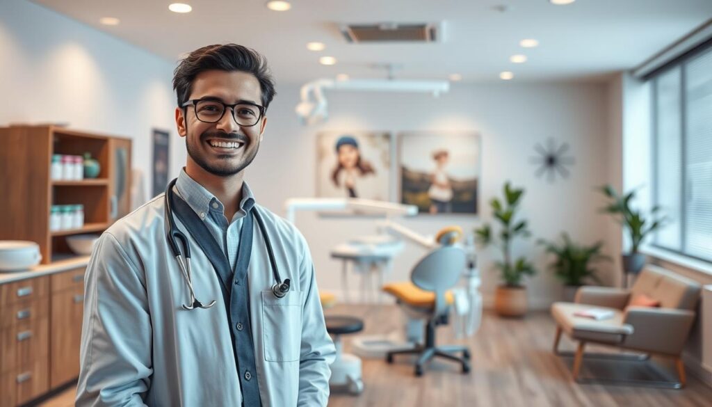 A professional, clean, and visually appealing online dental clinic advertisement. The scene depicts a modern and well-equipped dental office, with a warm and inviting atmosphere. In the foreground, a smiling dentist greets a patient, showcasing the clinic's friendly and attentive service. The middle ground features various dental equipment and tools, highlighting the state-of-the-art technology and expertise of the dental team. The background showcases a spacious and well-lit waiting area, with tasteful decor and natural elements, conveying a sense of comfort and relaxation. The lighting is soft and natural, creating a calming and professional ambiance. The composition is balanced and visually striking, drawing the viewer's attention to the clinic's key selling points.