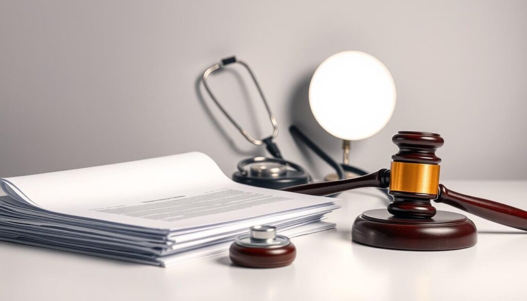 A professional, clinical-looking still life composition depicting the key elements of dental ethics and regulations. In the foreground, a stack of official-looking documents and a gavel, symbolizing legal and regulatory frameworks. In the middle ground, a stethoscope and a dentist's mirror, representing the medical and ethical responsibilities of the profession. In the background, a neutral, minimalist backdrop, with subtle lighting that casts shadows and highlights the textural details of the objects. The overall tone is authoritative, serious, and conveys a sense of importance and gravity around the topic of dental ethics and regulations.