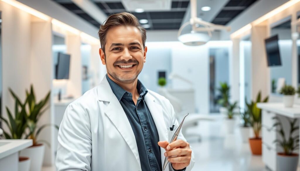 A professional, confident-looking dentist in a white coat, standing in a modern, well-lit dental clinic. The dentist has a warm, welcoming expression and is holding a dental tool, signifying their expertise. The clinic features sleek, minimalist decor with a combination of clinical and soothing elements, such as potted plants and soft lighting. The scene conveys a sense of professionalism, competence, and patient-centered care, reflecting the "persona odontológica" that would be ideal for the article's subject matter.