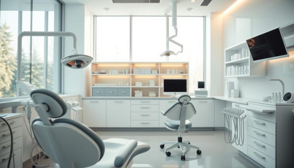 A professional dental clinic interior with modern equipment and technology. In the foreground, a dentist's chair and tools arranged neatly. The middle ground features sleek, white cabinets and shelves stocked with dental supplies. The background showcases large windows allowing natural light to flood the space, creating a calming, clinical atmosphere. The lighting is soft and warm, complementing the clean, minimalist design. The overall scene conveys a sense of efficiency, hygiene, and advanced dental care capabilities tailored for the modern patient.