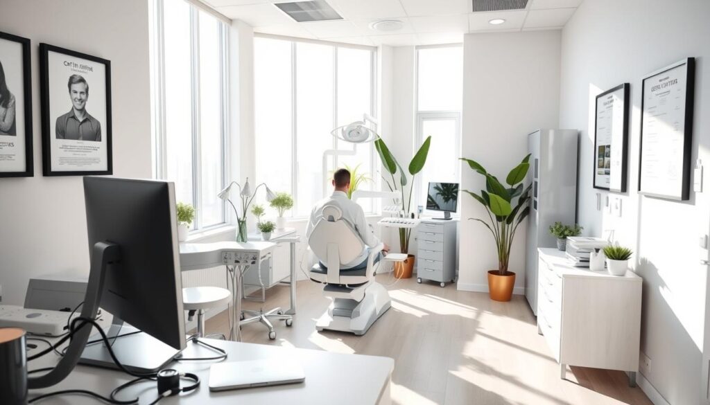 A professional dental clinic interior with natural lighting streaming in through large windows. In the foreground, a desk with a computer, stethoscope, and other medical equipment. On the walls, framed posters and certificates showcasing the dentist's expertise. In the middle ground, a dental chair with modern instruments, and a patient being attended to by a dentist in a white coat. The background features clean, minimalist decor and a few potted plants, creating a calming, hygienic atmosphere. The overall mood is one of professionalism, expertise, and patient-centered care.
