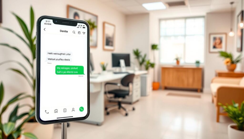 A professional dental clinic office in a cozy, well-lit setting. In the foreground, a smartphone displaying a WhatsApp conversation on a clean, minimalist interface. The middle ground features a doctor's desk with a patient file, a computer, and medical equipment, conveying a sense of efficient communication and care. The background showcases a warm, inviting atmosphere with potted plants, framed artwork, and a welcoming reception area. The overall scene exudes a balance of modern technology and personalized, attentive healthcare.