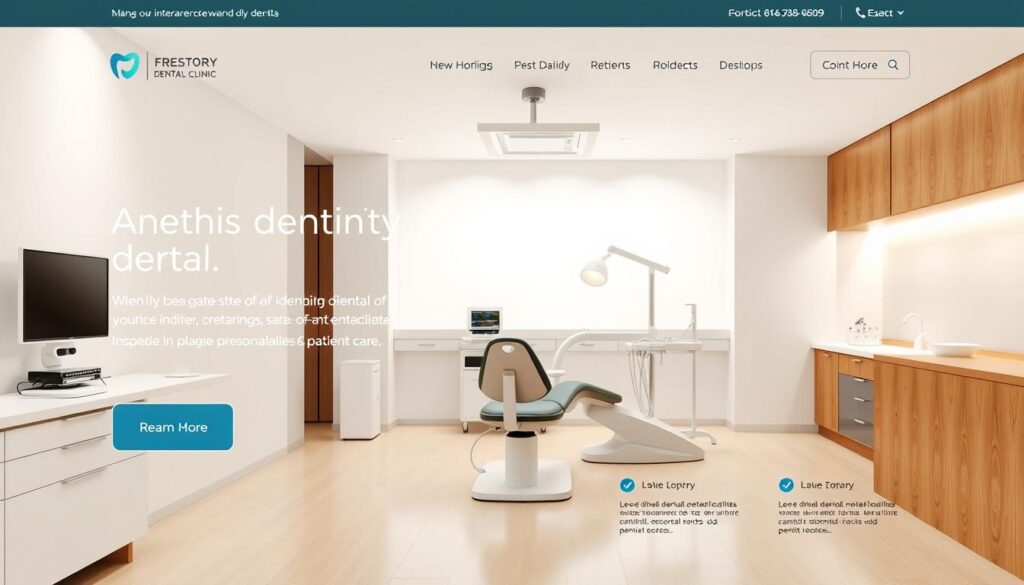 A professional dental clinic website with a modern, clean design. A sleek, minimalist homepage showcases high-quality images of the clinic's interior, equipment, and staff, conveyed through a warm, inviting atmosphere. The layout is well-organized, with clear navigation and calls-to-action. Soft, neutral lighting casts a calming glow, drawing the viewer's attention to the clinic's state-of-the-art facilities and personalized patient care. The website exudes a sense of professionalism, trustworthiness, and attention to detail, reflecting the clinic's commitment to excellence in dental services.