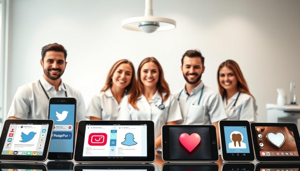 A professional dental clinic's social media presence, showcased against a clean, modern background. In the foreground, various social media platforms are displayed on sleek digital devices, their icons and interfaces meticulously rendered. The middle ground features a team of smiling, engaged dental professionals, dressed in crisp white uniforms, highlighting the human touch behind the clinic's digital outreach. The background subtly suggests the clinic's expertise, with clinical equipment and dental tools subtly visible, creating a sense of authority and trust. The lighting is soft and directional, capturing the digital and physical elements in a cohesive, visually appealing manner. The overall atmosphere conveys a sense of professionalism, approachability, and a deep understanding of leveraging social media to connect with patients.