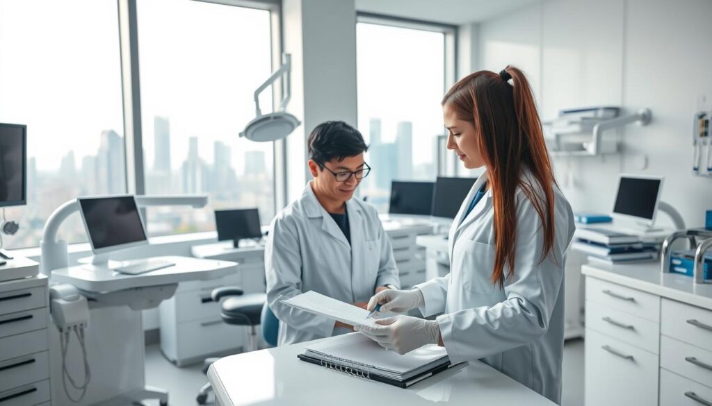 A professional dental office filled with modern medical equipment and dental hygiene tools. In the foreground, a dentist in a white coat and gloves examines patient files on a desk. Behind them, a large window overlooks a cityscape with skyscrapers in the distance. Soft, directional lighting illuminates the scene, casting subtle shadows. The atmosphere is one of clinical efficiency and patient-centered care, reflecting the professionalism and expertise of a dental practice focused on content marketing to attract new clients.