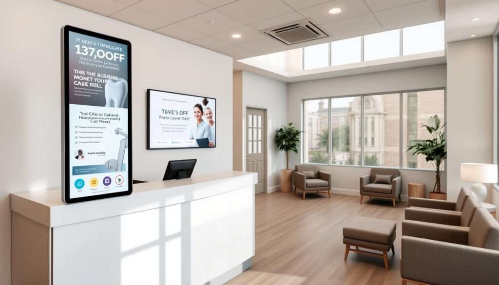 A professional dental office interior with a bright, modern aesthetic. In the foreground, an attractive display of digital advertisements showcasing various dental services and promotions. The middle ground features a clean, minimal reception desk with a discreet tablet interface for patients to interact with the ads. The background depicts a serene, calming waiting area with plush seating and natural lighting filtering in through large windows. The overall atmosphere conveys a sense of trust, innovation, and patient-centric care that would appeal to potential dental clients.