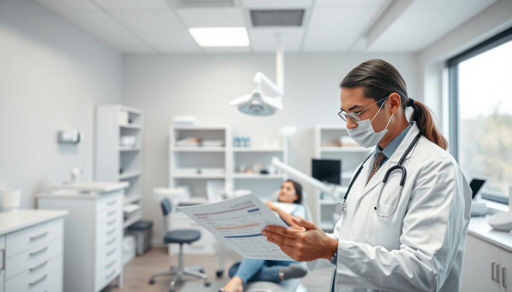 A professional dental office interior with clean, modern decor. In the foreground, a dentist holding a dental chart, examining it closely. In the middle ground, a patient sitting in a dentist's chair, with a dental hygienist performing a procedure. In the background, shelves of dental equipment and supplies, with a large window providing natural lighting. The scene conveys a sense of precision, attention to detail, and a focus on patient care and outcomes. The lighting is bright and evenly distributed, creating a calm and clinical atmosphere.