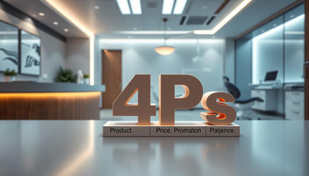 A professional dental office interior with four key marketing elements prominently displayed. In the foreground, a clean and modern reception desk with a warm, welcoming ambiance. In the middle ground, three dimensional representations of the "4 Ps" of marketing - Product, Price, Promotion, and Place - arranged in an aesthetically pleasing manner. The background features a sleek and contemporary dental treatment room, all bathed in soft, directional lighting that creates a calming, clinical atmosphere. The overall composition conveys the idea of a well-planned, patient-centric dental marketing strategy.