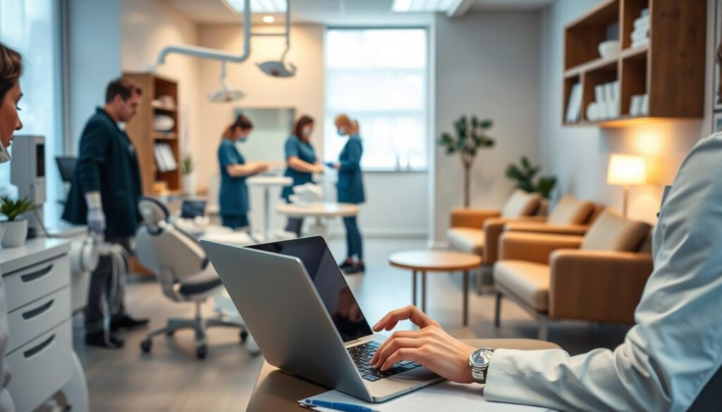 A professional dental office setting, showcasing the key processes of effective dental practice management. In the foreground, a dentist reviewing patient files and scheduling appointments on a laptop, surrounded by modern dental equipment and supplies. In the middle ground, a team of dental assistants sterilizing instruments and preparing examination rooms. In the background, a waiting area with comfortable seating and calming decor, reflecting the attention to detail and patient-centric approach. Soft, warm lighting illuminates the scene, creating a professional yet welcoming atmosphere. The overall composition emphasizes the importance of efficient, organized management in delivering high-quality dental care.