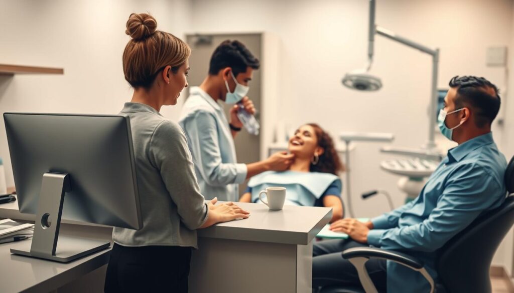A professional dental office setting with patients being assisted by attentive staff. In the foreground, a receptionist greets patients and manages appointment schedules on a sleek computer interface. In the middle ground, a dental hygienist gently examines a patient's teeth, while the dentist discusses treatment options in the background. The lighting is soft and inviting, creating a calming atmosphere. The office is equipped with state-of-the-art dental equipment, reflecting a commitment to patient care and satisfaction. The overall scene conveys the seamless flow of a well-managed dental practice, from patient intake to post-treatment follow-up.