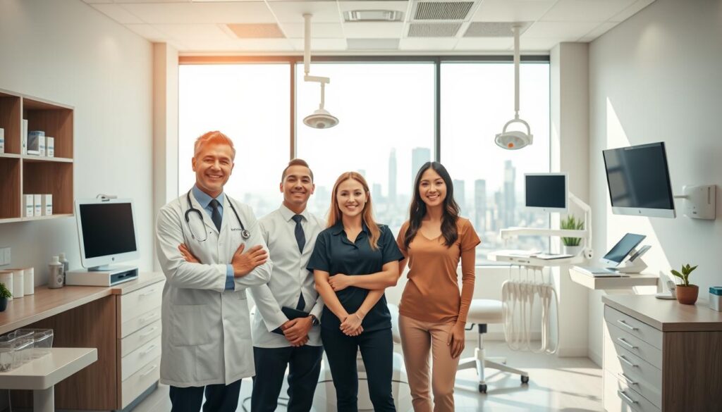 A professional dental office with a warm, inviting atmosphere. In the foreground, a stylish dental team - dentist, hygienist, and receptionist - stand together, their uniforms in the brand colors of the practice. The middle ground features state-of-the-art dental equipment and technology, all neatly organized. In the background, a large window overlooking a cityscape, bathed in soft, natural light. The overall mood is one of competence, compliance, and care, reflecting the high standards of the dental regulatory board.