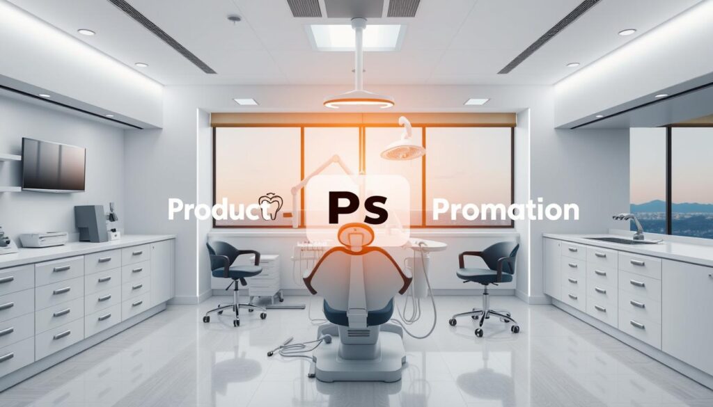A professional dental office, with four distinct quadrants representing the "4 Ps" of marketing: Product, Pricing, Promotion, and Place. The office is well-lit, with a modern, minimalist design that exudes an atmosphere of trustworthiness and expertise. In the foreground, a stylized dental chair takes center stage, surrounded by sleek, high-tech equipment. The middle ground features four icons or symbols representing the marketing concepts, each in a different quadrant. The background showcases a serene, calming landscape, perhaps with a cityscape or scenic view, to convey the idea of a holistic, patient-centered approach to dental marketing.