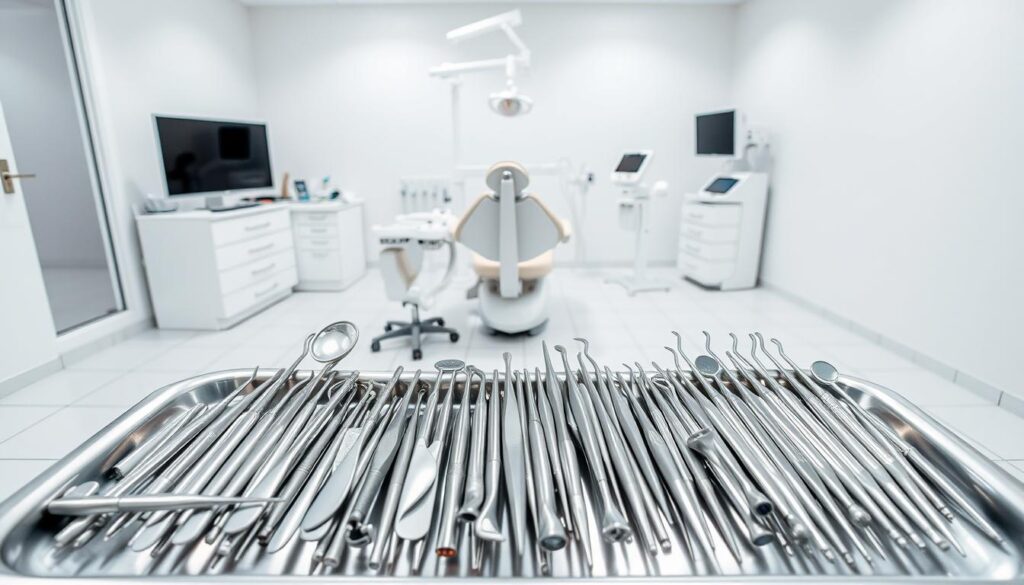 A professional dental office workspace with clean, organized rows of various dental tools and equipment. The foreground features a mix of dental mirrors, probes, scalers, and other handheld instruments neatly arranged on a stainless steel tray. The middle ground showcases a digital x-ray machine, a modern dental chair, and other essential clinical devices. The background depicts a well-lit, minimalist room with white walls and tile flooring, creating a calming, hygienic atmosphere. The lighting is bright yet soft, accentuating the metallic sheen of the tools. The overall scene conveys efficiency, attention to detail, and a commitment to providing high-quality dental care.