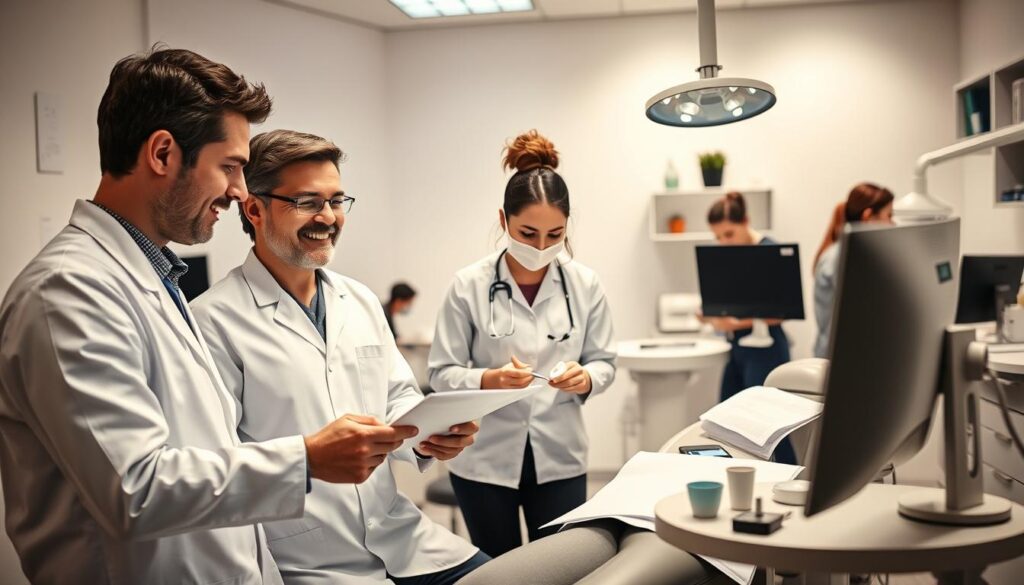 A professional dental team collaborating in a modern, well-lit clinic. In the foreground, a dentist and dental assistant discussing patient records on a computer screen, their expressions focused and engaged. In the middle ground, a hygienist provides a thorough cleaning to a patient, using state-of-the-art equipment. In the background, other staff members attend to administrative tasks, coordinating appointments and managing inventory. An atmosphere of efficiency, expertise, and patient-centric care pervades the scene. Soft, directional lighting illuminates the clinical space, creating a calming, professional ambiance. The composition emphasizes teamwork, communication, and the seamless integration of various roles within the dental practice.