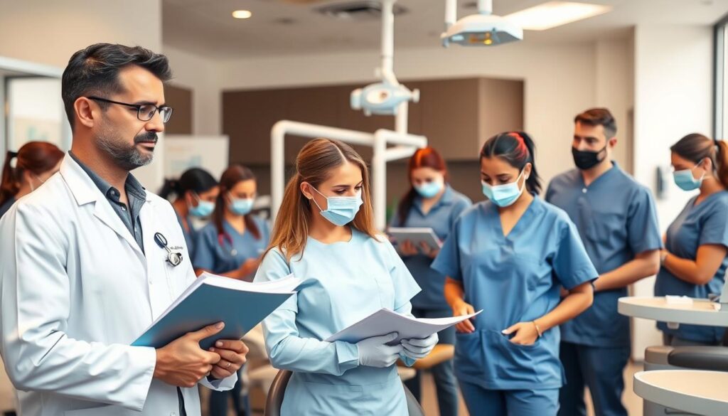 A professional dental team gathered in a modern, well-lit clinic. In the foreground, a dentist and dental assistant stand side by side, their expressions focused and attentive as they discuss patient files. The middle ground features a group of dental hygienists and technicians engaged in training exercises, practicing new techniques and procedures. In the background, the clinic's state-of-the-art equipment and technology are visible, suggesting a commitment to continuing education and professional development. The atmosphere is one of collaborative learning, with a sense of teamwork and dedication to providing the highest quality of dental care.