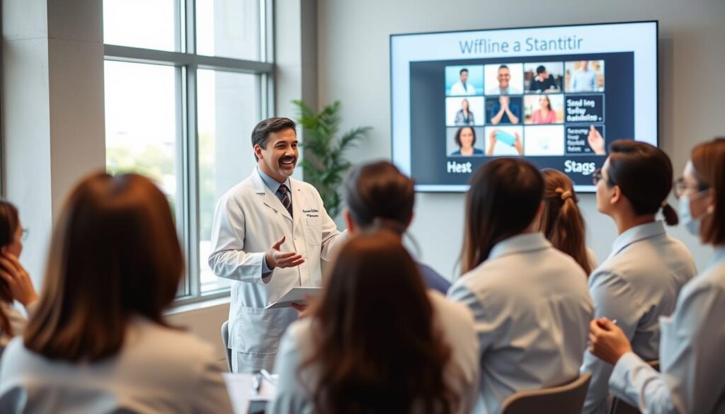 A professional dentist giving a seminar on effective offline marketing strategies to a group of healthcare providers. The scene is set in a modern office with large windows letting in soft, natural lighting. The dentist, dressed in a crisp, white lab coat, stands at a podium, gesturing animatedly as they present visual aids on a large screen behind them. The audience, composed of attentive healthcare professionals, is engaged and taking notes. The overall mood is one of informative, practical, and collaborative learning, with a focus on real-world, cost-effective marketing solutions for healthcare practices.
