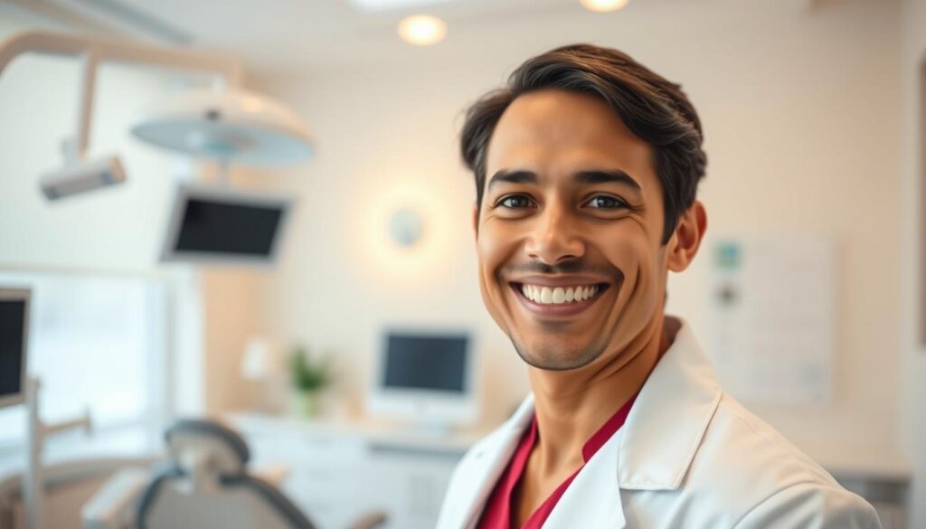A professional dentist in a clean, modern dental office, wearing a white coat and friendly smile, standing in a warm, well-lit room with clean, minimalist decor. The dentist's face is the focal point, conveying approachability, expertise, and a commitment to patient care. The background is blurred, keeping the attention on the dentist's personable image as the primary marketing asset. Crisp, high-resolution, natural lighting, 50mm lens.