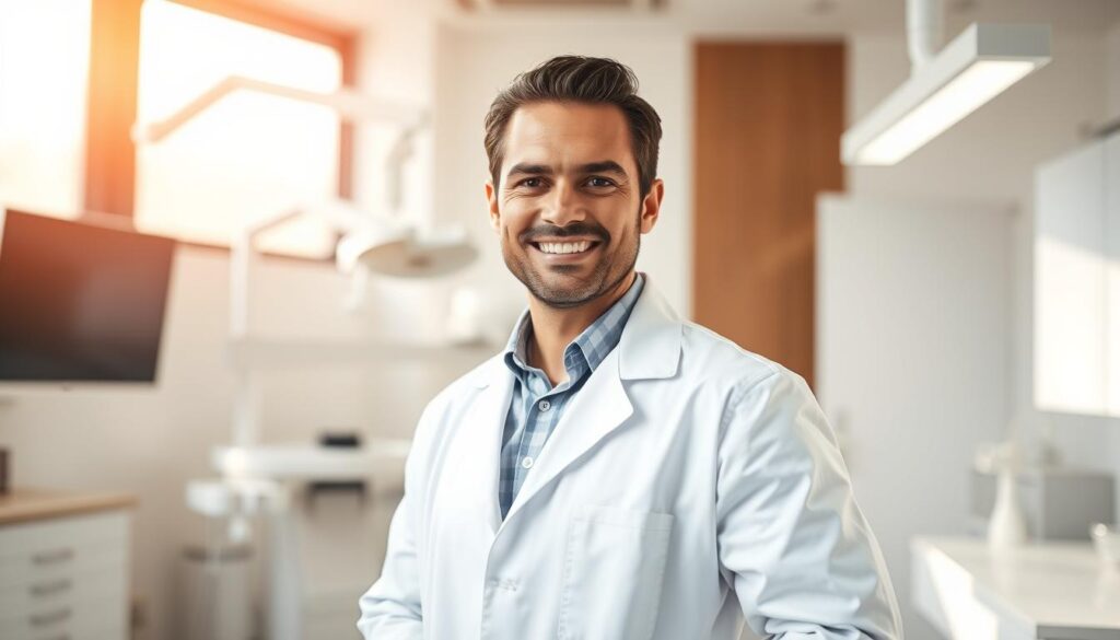 A professional dentist standing tall and confident, wearing a crisp white coat and an inviting smile. The office behind them is bright and modern, with sleek dental equipment and soothing neutral tones. Warm natural lighting filters in, creating a sense of warmth and authority. The dentist's gaze is direct and reassuring, conveying expertise and trustworthiness. The overall atmosphere exudes a sense of professionalism, competence, and patient-centric care, perfectly capturing the essence of "Construção de Autoridade e Confiança" for a dental practice.