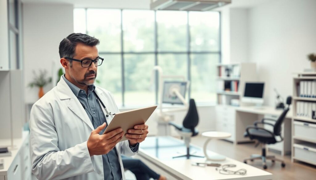 A professional dentist thoughtfully reviewing ethical marketing practices. In the foreground, a dentist wearing a white coat and scrubs, brow furrowed in concentration, holding a tablet displaying charts and graphs. The middle ground features a desktop with a computer, an orderly array of dental tools, and a bookshelf filled with medical texts. The background depicts a serene, modern dental office with large windows letting in soft, natural lighting. An atmosphere of careful consideration and commitment to ethical standards pervades the scene.