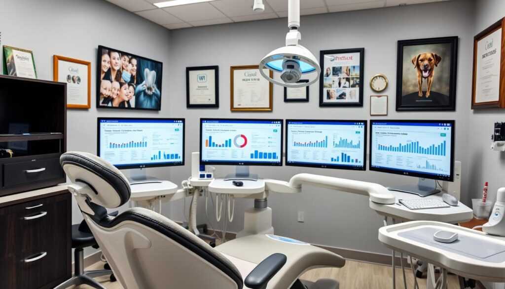 A professional dentist's office, filled with modern dental equipment and technology. In the foreground, a dentist's chair with ergonomic design and high-quality materials. Behind it, a row of computer screens displaying analysis of search engine optimization (SEO) data, showcasing performance metrics and insights. The walls are adorned with dental-themed artwork and certifications, conveying a sense of expertise and trustworthiness. The lighting is bright and clean, creating a welcoming and sterile environment. The overall atmosphere suggests a well-optimized, patient-focused dental practice that prioritizes digital marketing and online visibility.