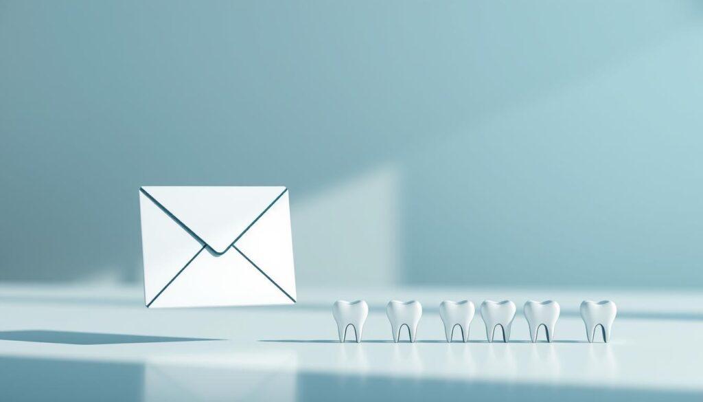 A professional e-mail marketing campaign for a modern dental clinic. In the foreground, a stylized envelope icon floats against a clean, minimalist backdrop, evoking the sleek aesthetic of dental branding. In the middle ground, a row of detailed tooth icons cascades across the frame, representing the clinic's dental services. The background features a soft, blurred gradient of calming blues and grays, conveying a sense of trust and reliability. Gentle, directional lighting from the top left casts subtle shadows, adding depth and dimensionality to the composition. The overall mood is one of clinical expertise, digital savvy, and patient-centric care.
