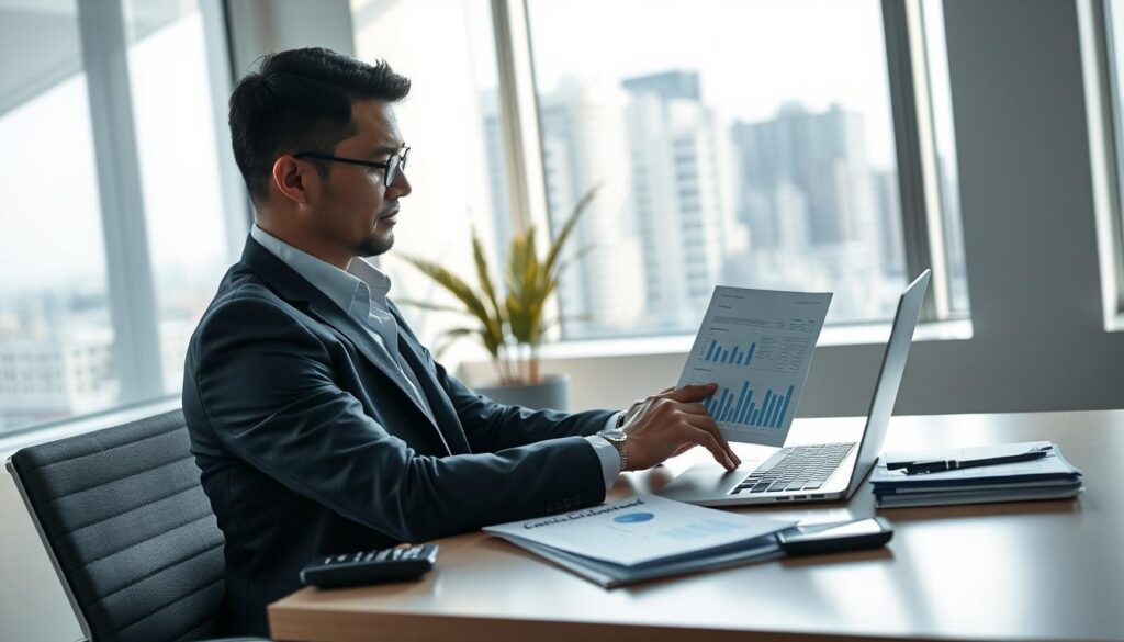A professional finance advisor sitting at a desk, analyzing financial reports and charts on their laptop, with a stack of documents and a calculator nearby. The advisor wears a smart casual outfit and has a focused, pensive expression. The desk is situated in a well-lit, modern office with minimalist decor and large windows overlooking a cityscape in the background. Soft, directional lighting casts subtle shadows, creating a sense of depth and atmosphere. The overall scene conveys a sense of expertise, diligence, and financial acumen tailored specifically for dental practice management.