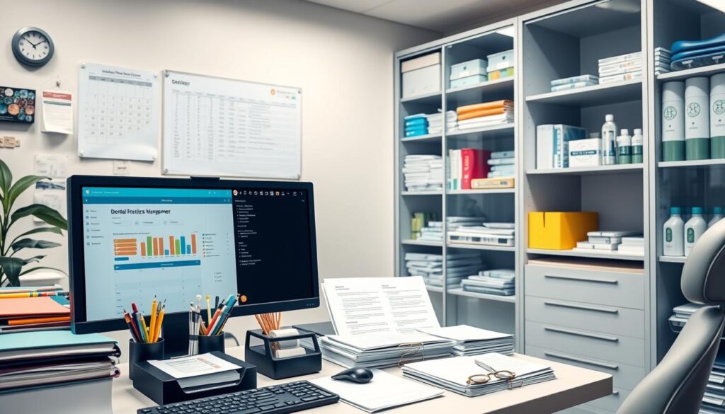 A professional-grade dental office, filled with a diverse array of high-quality management tools. In the foreground, a sleek, modern computer monitor displays a user-friendly dental practice management software interface. Surrounding it, an array of organizational accessories - color-coded files, a digital calendar, and a well-stocked stationery organizer. In the middle ground, a series of neatly arranged documents, forms, and financial ledgers, conveying a sense of efficient record-keeping. In the background, the shelves of a custom-built storage cabinet, housing an assortment of dental supply items, from sanitizing solutions to specialized instruments. The lighting is bright and even, casting a warm, productive glow over the entire scene. The overall atmosphere is one of professionalism, organization, and a commitment to effectively managing a thriving dental practice.