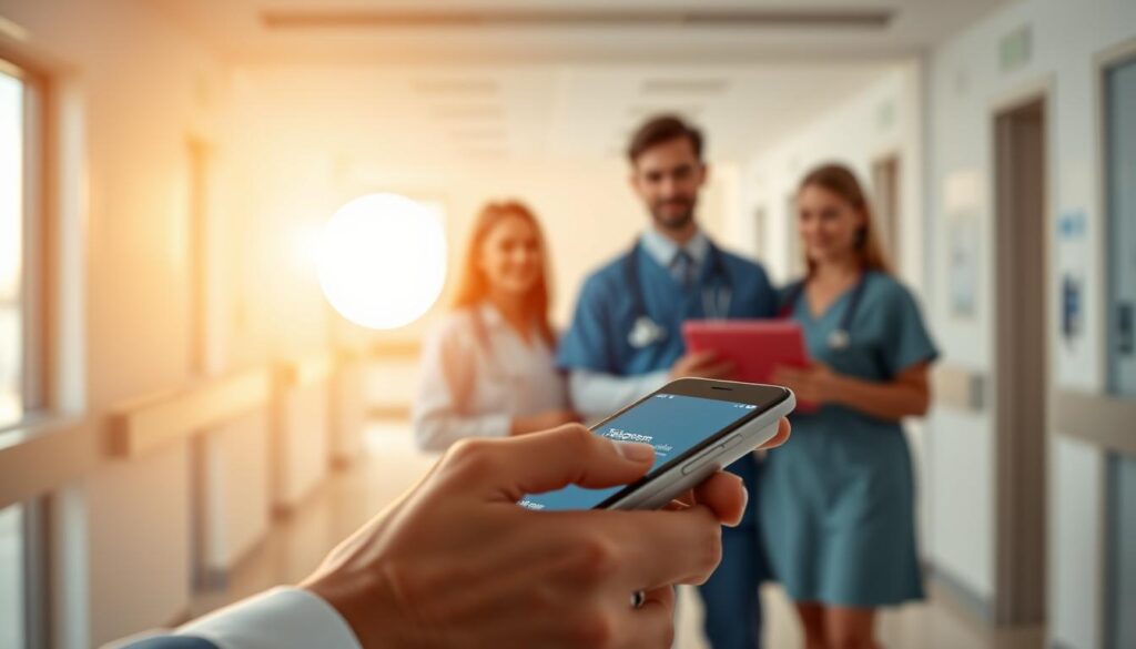 A professional healthcare-themed Telegram interface, illuminated by warm, natural lighting. The app's elegant design features a clean, minimalist layout with intuitive icons and user-friendly navigation. In the foreground, a doctor's hand holding a mobile device, showcasing the seamless integration of digital communication tools into modern medical practice. The middle ground depicts a diverse team of healthcare workers collaborating through the Telegram platform, their expressions reflecting a sense of efficiency and connectivity. In the background, a serene, blurred hospital setting, emphasizing the real-world application of this digital communication channel for the medical community.