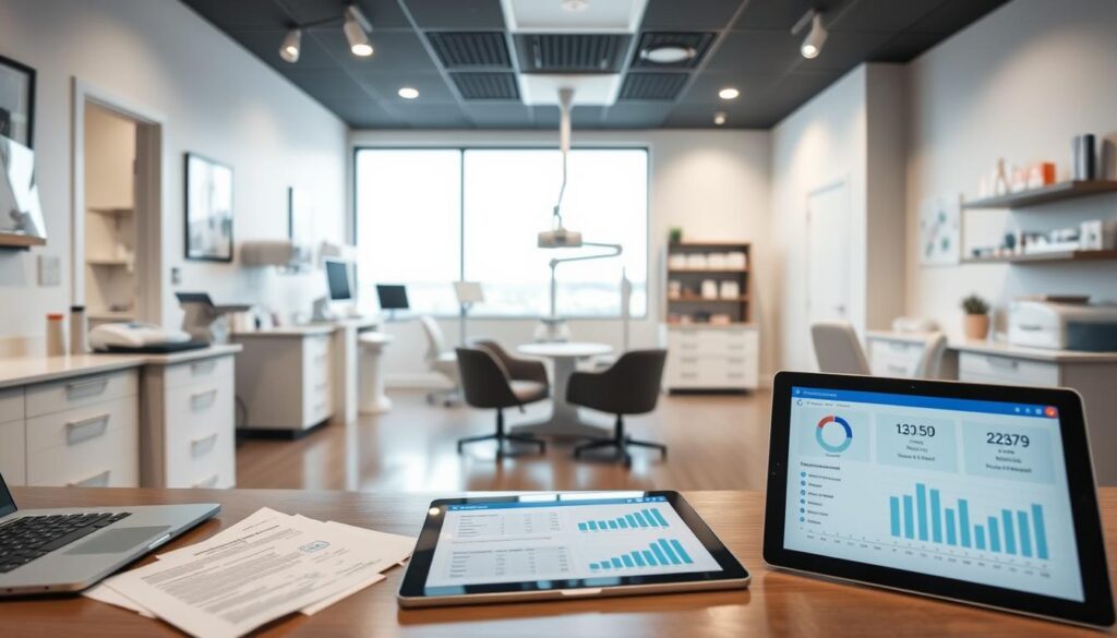 A professional, high-quality dental office interior with a focus on administrative benefits. A well-lit, modern space with clean lines and neutral tones. In the foreground, a desk with a laptop, paperwork, and a tablet showcasing key performance metrics and financial data. In the middle ground, a small meeting area with comfortable chairs, allowing for consultations and discussions. In the background, medical equipment, shelves with dental supplies, and a large window providing natural light. The overall atmosphere conveys efficiency, organization, and a commitment to practice management excellence.