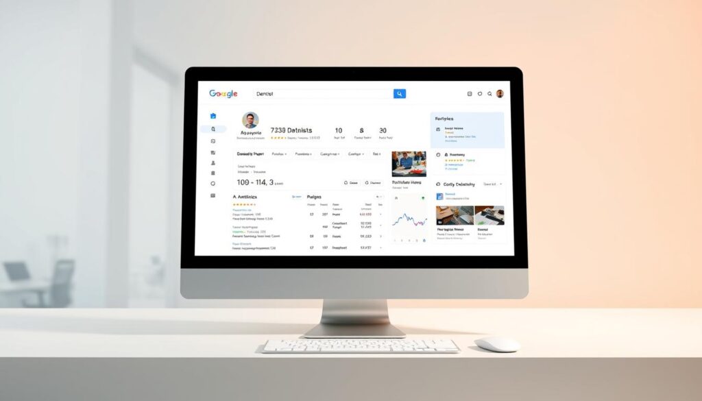 A professional, high-quality image of a Google My Business interface for dentists, showcasing its essential features and usability. The image should be set against a clean, minimal background, with a warm, inviting color palette to reflect the medical/healthcare industry. The foreground should display the Google My Business dashboard, with prominent elements like the profile information, business hours, reviews, and analytics. The middle ground could include visual cues like a dentist's office setting, dental equipment, or relevant industry-specific imagery. The background could feature subtle, soft-focus cityscapes or office environments to suggest the broader context of a dental practice. The overall mood should be one of professionalism, utility, and the empowerment that Google My Business provides for dentists to effectively manage their online presence and connect with patients.