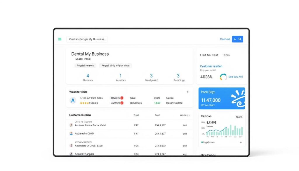 A professional-looking Google My Business dashboard with a clean, modern interface. The dashboard prominently displays the name and logo of a dental clinic, along with key performance metrics such as reviews, website visits, and customer inquiries. The background is a soft, neutral color scheme that conveys a sense of trust and reliability. The layout is well-organized, with clear sections and easy-to-navigate menus. The overall impression is of a user-friendly and informative platform that helps dental clinics manage their online presence and attract new patients.