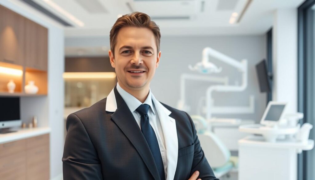 A professional-looking dental clinic manager with a calm, confident expression. They stand in the middle of the frame, dressed in a formal business attire with a white lab coat. The clinic's modern, minimalist interior is visible in the background, with sleek dental equipment and soothing lighting. The overall atmosphere conveys an air of expertise, organization, and patient-centric care. The image should capture the ideal profile for someone seeking to manage a successful dental practice.