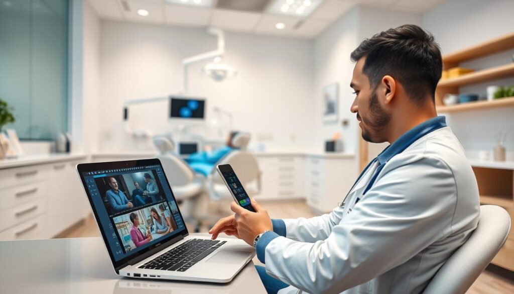 A professional-looking dental clinic setting, with a dentist or dental hygienist creating engaging digital content for their social media channels. The foreground shows a person working on a laptop, with a tablet or smartphone in hand, capturing footage or images of dental procedures or oral health tips. The middle ground features modern dental equipment, clean and organized workspaces, and a warm, inviting atmosphere. The background showcases a minimalist, well-lit interior design with clean lines, natural lighting, and a calming color palette. The overall scene conveys a sense of expertise, professionalism, and a focus on providing valuable, visually-appealing content to attract and inform potential patients.