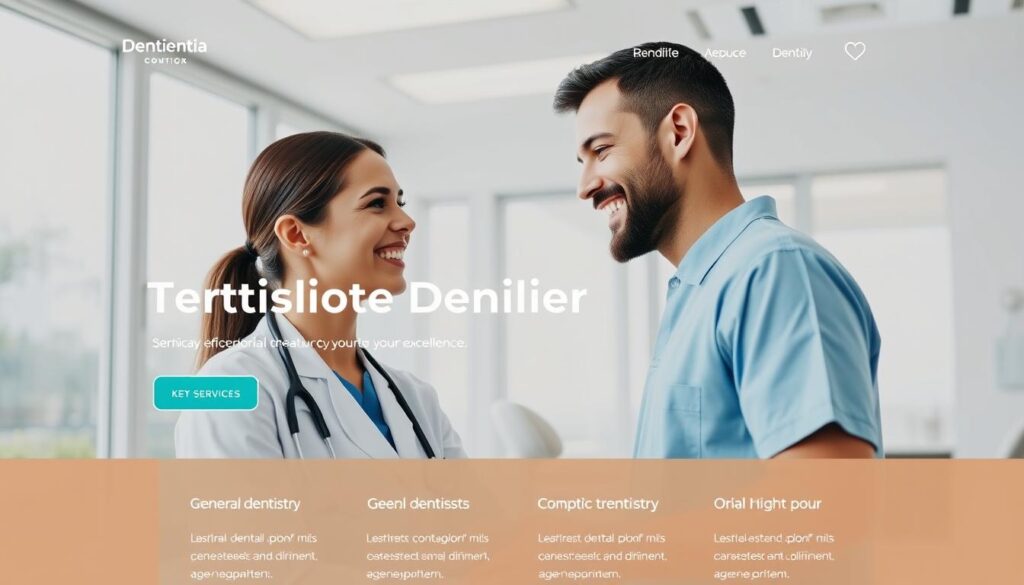 A professional-looking dental clinic website, with a sleek and modern design. The homepage features a large hero image showcasing a bright, clean dental office interior, with plenty of natural light filtering in through large windows. In the foreground, a friendly dentist is greeting a patient, their warm expressions capturing the clinic's focus on personalized, compassionate care. The middle ground displays the clinic's key services, such as general dentistry, cosmetic treatments, and oral hygiene, presented in a visually appealing way. The background subtly incorporates the clinic's branding, with a minimalist logo and color scheme complementing the overall aesthetic. The website exudes a sense of trust, expertise, and patient-centric approach, reflecting the clinic's commitment to digital excellence.