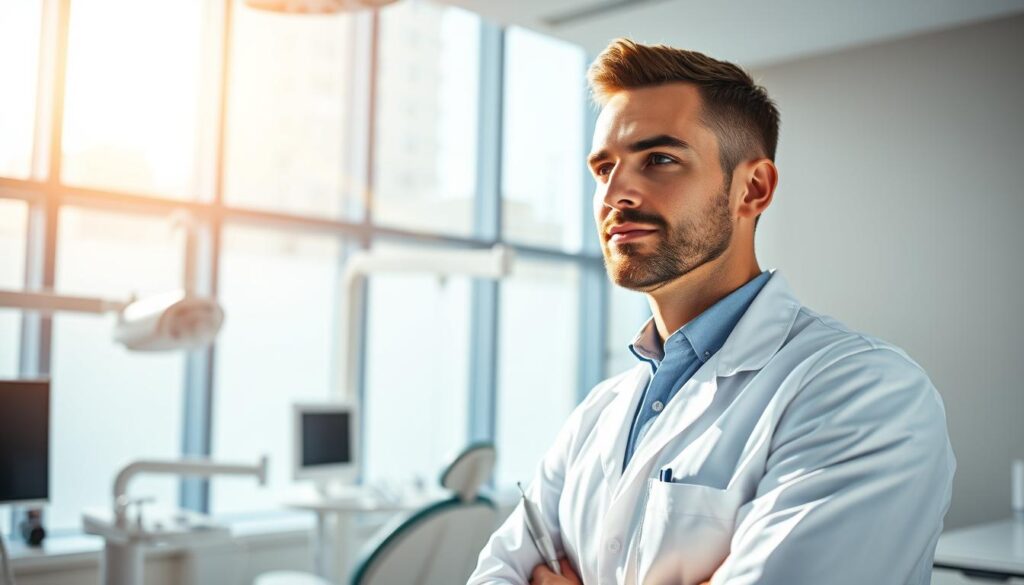 A professional-looking dental practitioner, adorned in a crisp white lab coat, stands in a well-lit, modern dental office. Sunlight streams through floor-to-ceiling windows, creating a warm, inviting atmosphere. The practitioner's gaze is focused, conveying a sense of expertise and care. Surrounding them are state-of-the-art dental equipment and tools, suggesting a commitment to providing high-quality, personalized care. The scene exudes a sense of trust, competence, and attention to detail - qualities that would be essential for an effective dental practice marketing persona.