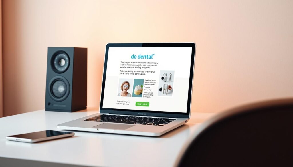 A professional-looking e-mail marketing campaign for a dental clinic, featuring a sleek laptop or desktop computer display on a modern, minimalist desk. The screen shows an eye-catching, visually appealing e-mail template with a clean layout, high-quality product images, and a clear call-to-action button. The background is a soft, neutral color that complements the clinic's branding. Warm, directional lighting illuminates the scene, creating a sense of professionalism and attention to detail. The overall mood is one of efficiency, sophistication, and a commitment to building strong relationships with patients through effective digital marketing strategies.