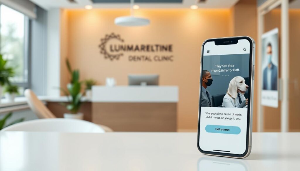 A professional-looking email marketing campaign for a dental clinic, featuring a modern and minimalist design. In the foreground, a smartphone displaying an email with a clean layout, rich imagery, and a compelling call-to-action button. In the middle ground, a dental office setting with a reception desk, potted plants, and subtle branding elements. The background showcases a warm, natural lighting, creating a welcoming and trustworthy atmosphere. The overall composition exudes a sense of efficiency, attention to detail, and a focus on patient engagement and loyalty.