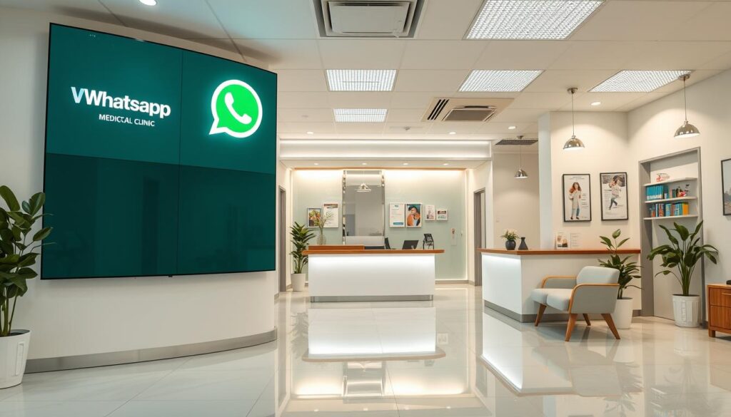 A professional-looking medical clinic office interior, with a prominent focus on a WhatsApp messaging app displayed on a large touchscreen display. The clinic's logo and branding are seamlessly integrated into the design. The space is well-lit, with a calming, modern aesthetic that conveys a sense of professionalism and patient-centric care. The layout includes a reception area, exam rooms, and waiting spaces, all optimized for efficient communication and patient engagement through the use of the WhatsApp platform. The overall mood is one of technological sophistication, seamless integration, and a dedication to providing a high-quality healthcare experience.