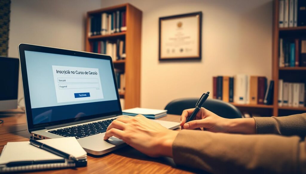 A professional-looking office desk with a laptop, a pen, and a notepad. A person's hands are filling out an online application form on the laptop screen, which displays the text "Inscrição no Curso de Gestão". In the background, a bookshelf filled with business and management-related books, and a framed diploma or certificate hang on the wall, suggesting an educational or professional setting. The lighting is warm and indirect, creating a cozy and focused atmosphere. The angle is slightly elevated, giving a sense of diligence and attention to detail.