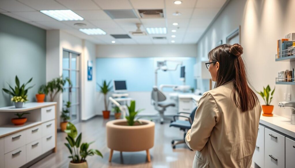 A professional medical clinic with a warm and inviting atmosphere. In the foreground, a reception desk with a friendly receptionist helping a patient. The middle ground features a waiting area with comfortable chairs and potted plants, creating a calming environment. The background showcases a well-equipped dental examination room, with modern dental equipment and supplies. The lighting is soft and diffused, highlighting the clean, organized, and hygienic nature of the clinic. The overall scene conveys a sense of professionalism, efficiency, and patient-centric care, reflecting the concept of "Gestão Clínica Odontológica" or comprehensive dental practice management.