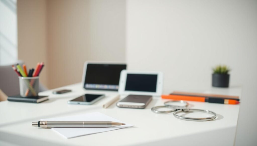 A professional, minimalist photograph showcasing a collection of free digital marketing tools. In the foreground, an assortment of office supplies - a pen, a notepad, and a pair of scissors - are neatly arranged on a clean, white table, casting soft shadows. In the middle ground, various digital devices - a smartphone, a tablet, and a laptop - are displayed, representing the tools for automating marketing tasks. The background is a blurred, neutral tone, allowing the central elements to stand out. The lighting is natural, with a warm, diffused glow, creating a sense of simplicity and efficiency. The overall mood is one of organization, productivity, and accessibility, reflecting the "free tools for automating marketing" theme.