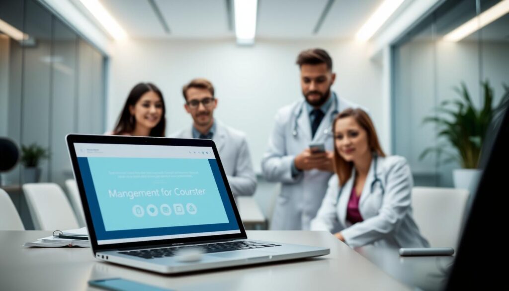 A professional, modern, and visually appealing image of a free online course for dentists. The foreground features a laptop or tablet displaying the course content, with a clean and intuitive user interface. The middle ground showcases a group of dentists engaged in the course, their expressions conveying focus and interest. The background depicts a sleek, minimalist office setting, with subtle lighting and a sense of tranquility. The overall composition and color palette exude a cohesive, high-quality, and aspirational aesthetic, reflecting the valuable educational opportunity presented by the free management course for dentists.